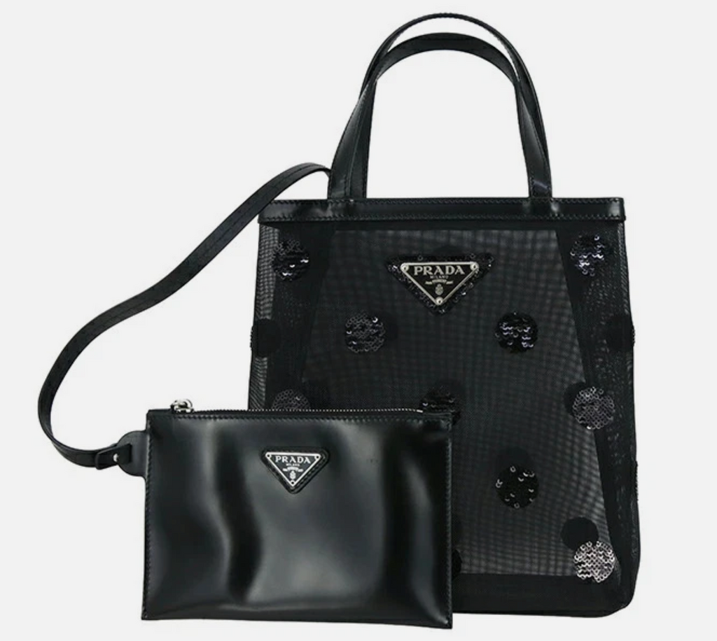 Prada Ricamo Rete Leather-Trimmed Sequin Polka-Dot Mesh Tote — Black