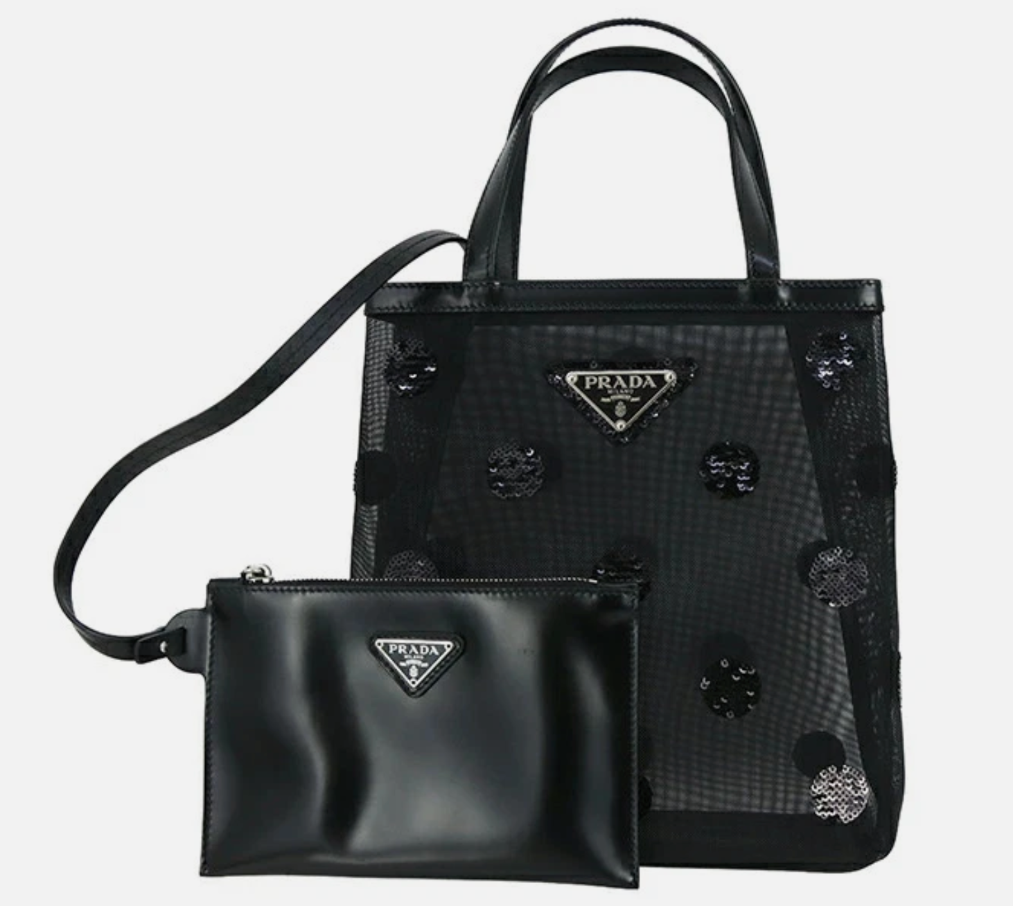 Prada Ricamo Rete Leather-Trimmed Sequin Polka-Dot Mesh Tote — Black