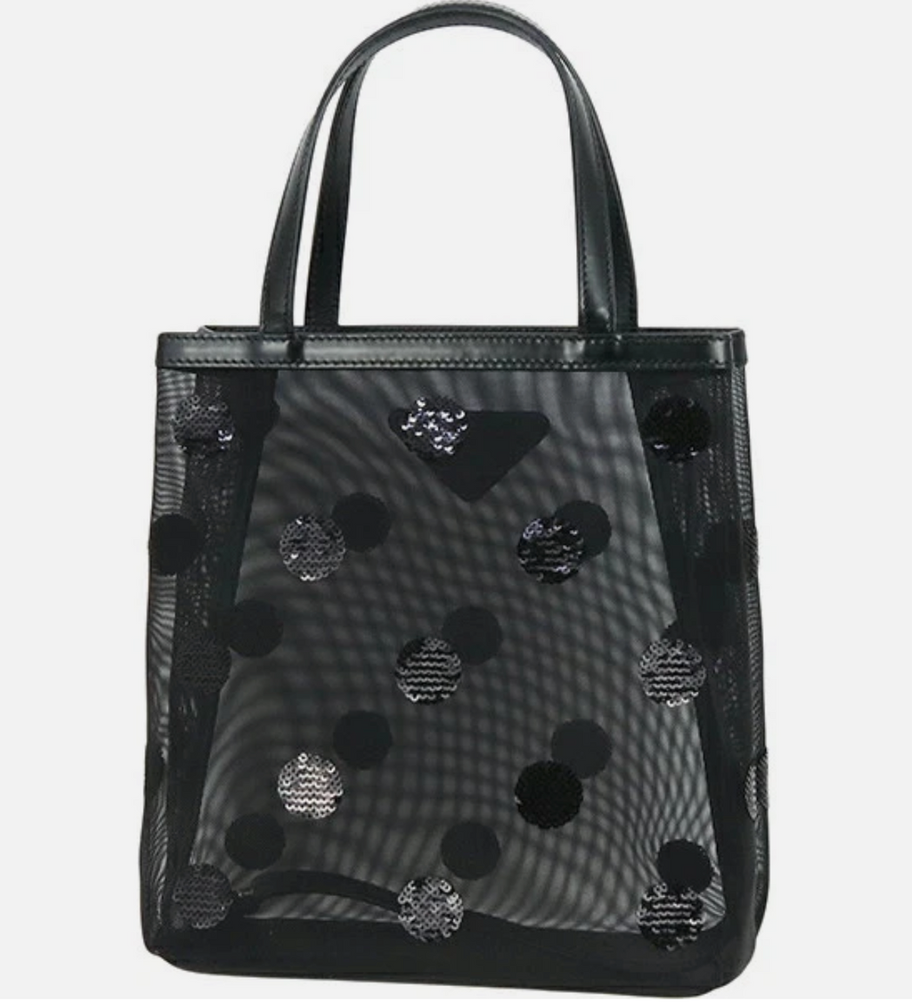 Prada Ricamo Rete Leather-Trimmed Sequin Polka-Dot Mesh Tote — Black