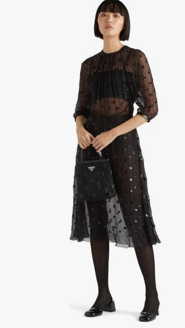 Prada Ricamo Rete Leather-Trimmed Sequin Polka-Dot Mesh Tote — Black