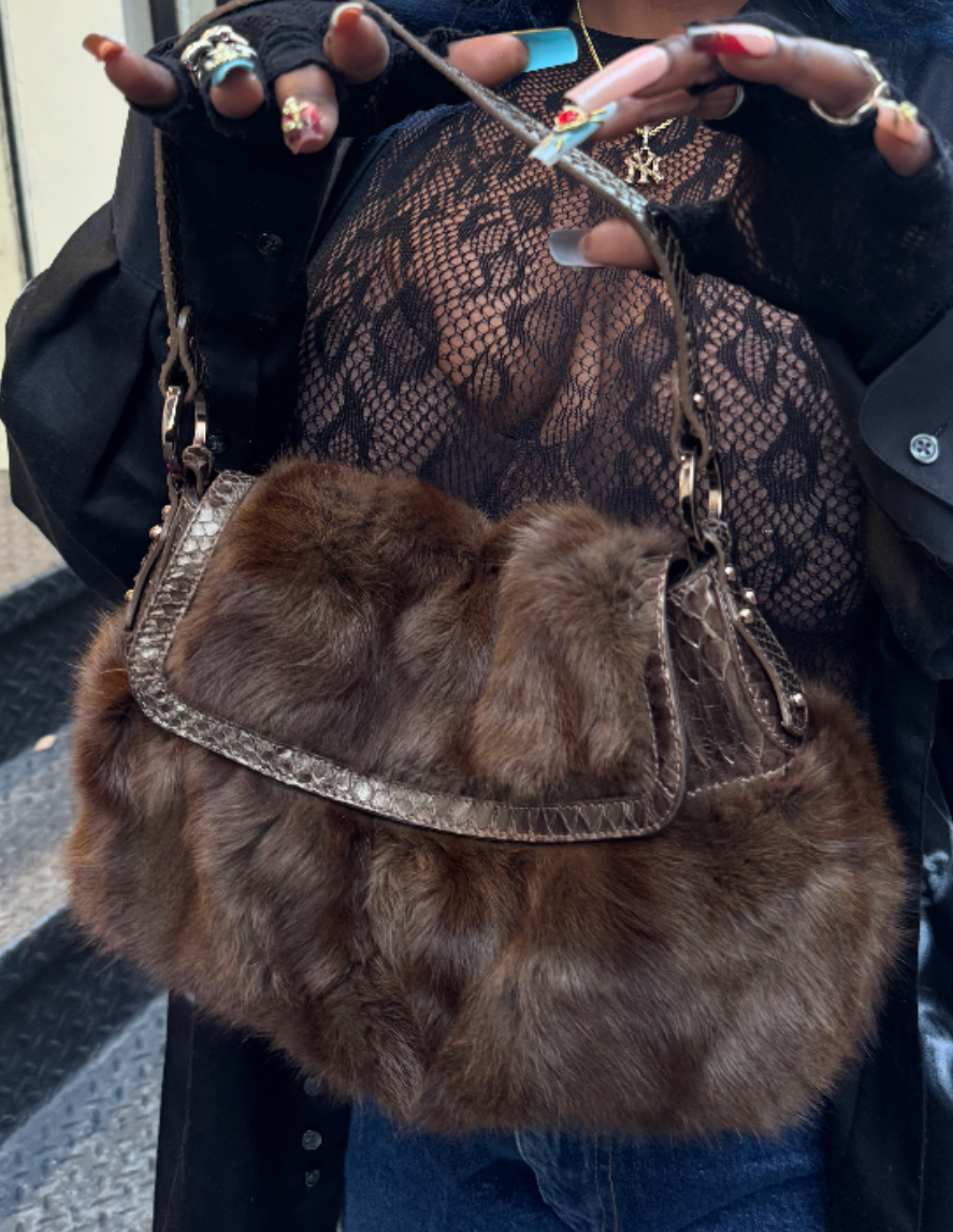Fendi Chef 2004 Rabbit Fur & Python Shoulder Bag